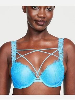 Capri Blue Victoria Secret Rose Lace & Grommet Push Up Bra Strappy Front NEW 32c